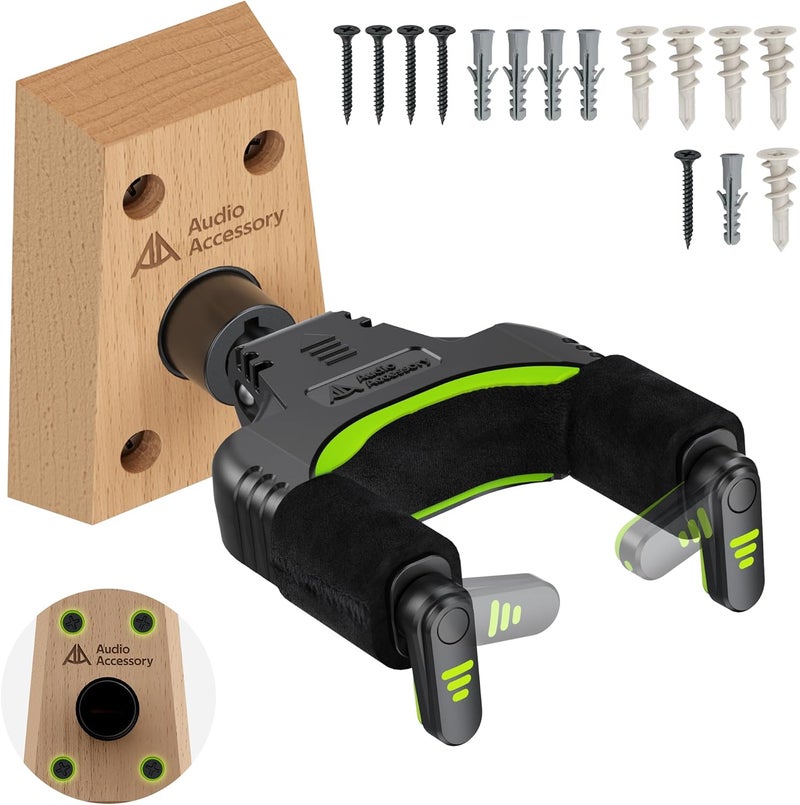 AA AUDIO ACCESSORY Guitar Wall Mount Autolock - Nitro-Safe Velvet Hook, Never Fall Off Design 4-Screw Beech Wood Locking Guitar Wall Hangers for Bass, Acoustic, Classical, Folk Guitar and Mandolin - Image 1